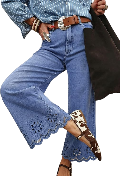 Womens Wide Leg Embroidered Jeans High Waisted